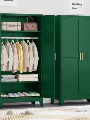 70.9" H Metal Armoire Wardrobe Closet, Adjustable Shelve, Clothes Drying Pole, Steel Wardrobe Cabinet for Bedroom (Green)
