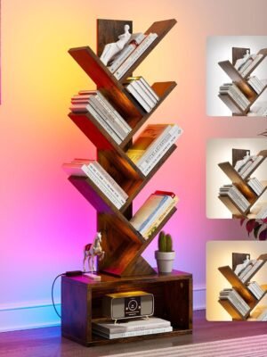 6 Tier Tree Bookshelf with Lights, Book Tree Bookshelf with Storage Organizer, Small Corner Bookcase Floor Standing Book Shelf for Living Room, Bedroom & Home Office, Rustic Brown