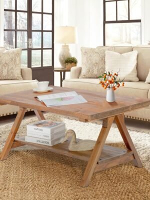 Farmhouse Coffee Table for Living Room, 2-Tier Solid Wood Coffee Table, Rustic Rectangular Coffee Table with Storage Open Shelf, Natural