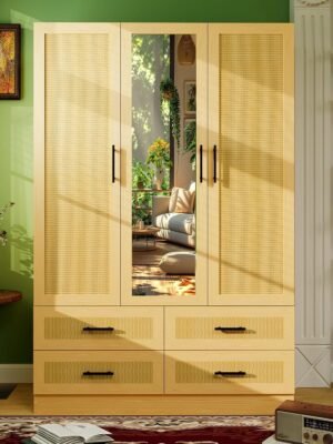 Rattan Wardrobe Closet with Mirror: 3 Door Bedroom Armoires Wardrobe Closet with 4 Drawers Tall Wardrobe Closet Cabinet with Shelves