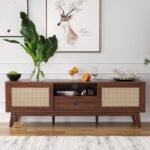 Rattan TV Stand for TVs Up to 70", Wood TV Stand Mid Century Modern TV Stand TV Media Console with Drawer and 2 Cabinets, Entertainment Center for Living Room