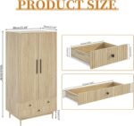 Armoire Wardrobe Closet with 2 Fluted Doors Wardrobe Cabinet with Shelves and Hanging Rod Freestanding Clost Modern Wooden Bedroom Armoire Cabinet Clothing Organizer with Drawers (Natural)