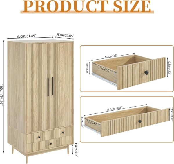 Armoire Wardrobe Closet with 2 Fluted Doors Wardrobe Cabinet with Shelves and Hanging Rod Freestanding Clost Modern Wooden Bedroom Armoire Cabinet Clothing Organizer with Drawers (Natural)