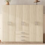 Large Natural 6 Doors Wooden Wardrobe Closet Organizer, Bedroom Tall Armoire with Big Drawers, Hanging Rails and Shelves, Clothes Storage Cabinet for Garage & Laundry Room, Brown