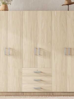 Large Natural 6 Doors Wooden Wardrobe Closet Organizer, Bedroom Tall Armoire with Big Drawers, Hanging Rails and Shelves, Clothes Storage Cabinet for Garage & Laundry Room, Brown