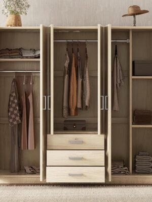 6-Doors Wooden Wardrobe Storage for Bedroom, with Big Drawers, Gray