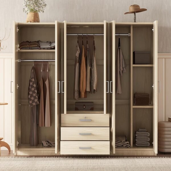 6-Doors Wooden Wardrobe Storage for Bedroom, with Big Drawers, Gray