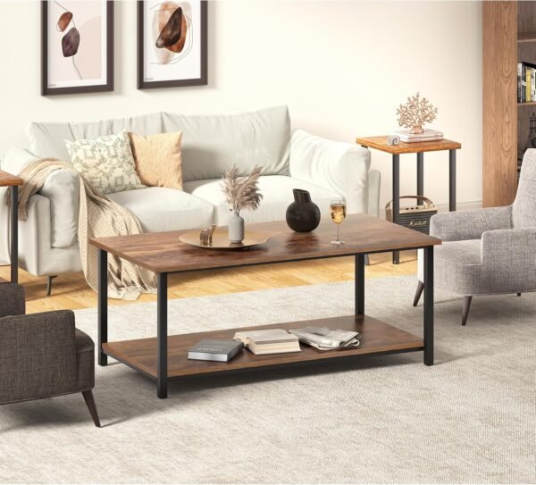 2-Tier Coffee Table with Storage Shelf for Living Spaces, Brown Rectangle Wood and Sturdy Metal Side End Table, Functional Center Table for Living Room, 39.3 x 20 x 24.4