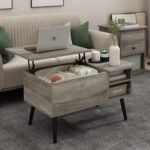 Living Room Wooden Leg Lift Top Coffee Table With Hidden Compartment and Side Open Storage Shelf, French Oak Grey