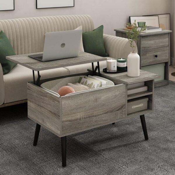 Living Room Wooden Leg Lift Top Coffee Table With Hidden Compartment and Side Open Storage Shelf, French Oak Grey